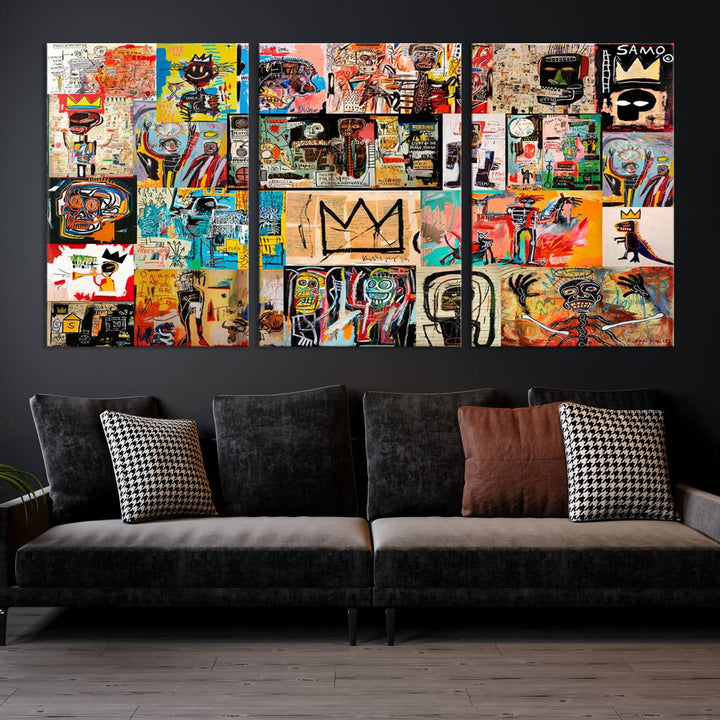 A vibrant Basquiat Art Collage Wall Art Canvas Print in an urban graffiti style adds a modern artistic flair.