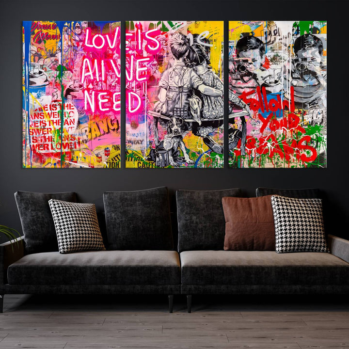 A vivid display of the "Follow Your Dreams & Love is All We Need" graffiti street art energizes a modern room with its three-panel arrangement. This bold giclee canvas print infuses any contemporary space with dynamic flair.