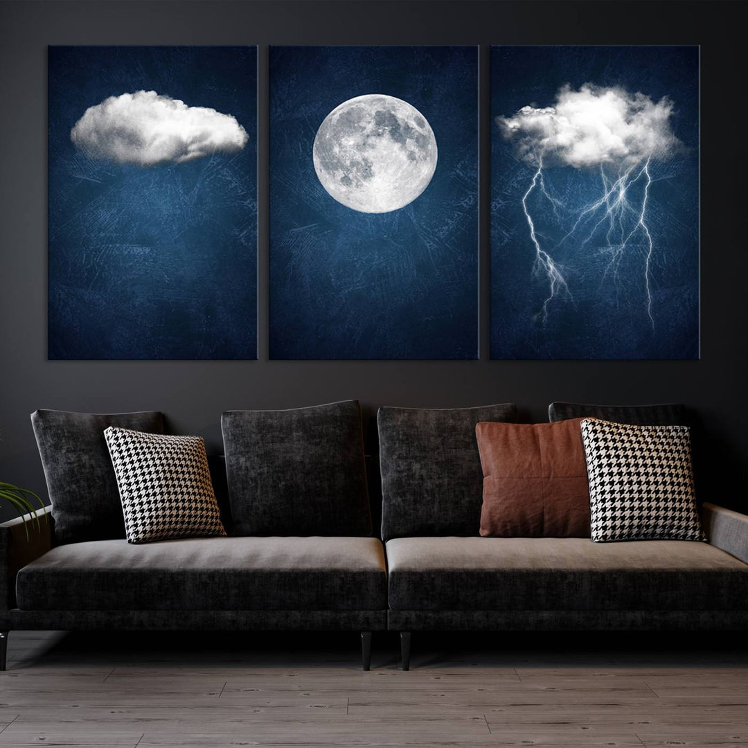 The Dark Blue Cloud Art collection features a triptych of cloud, moon, and lightning on an indigo blue background. This aesthetic surreal art is showcased on museum-quality canvas with UV-protective coating, and each piece is ready to hang immediately.