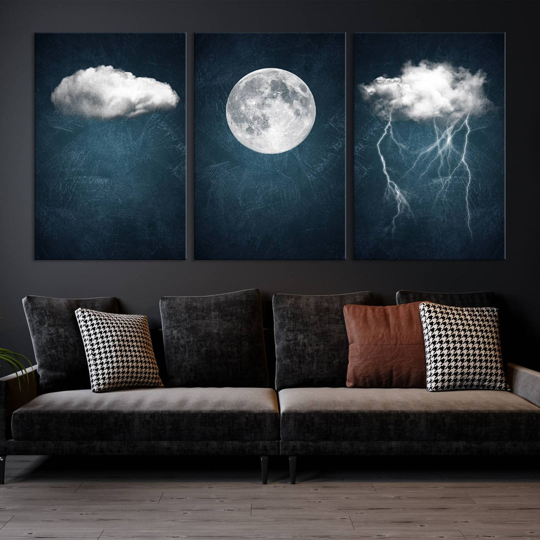 The "3 Piece Indigo Cloud Wall Art, Thunderstorm Moon Cloud Artworks" on museum-quality canvas with UV-protective coating is prominently displayed.