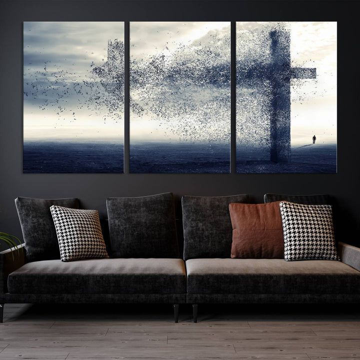 The "Jesus and the Fading Cross – Symbol of Faith" framed canvas print beautifully depicts a cross formed by birds against a moody sky above an ocean. This piece of Christian wall art infuses spirituality into the minimalist space.