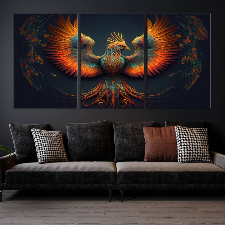 The Majestic Phoenix Wall Art Canvas Set, a fiery symbol of rebirth and strength, graces the wall.