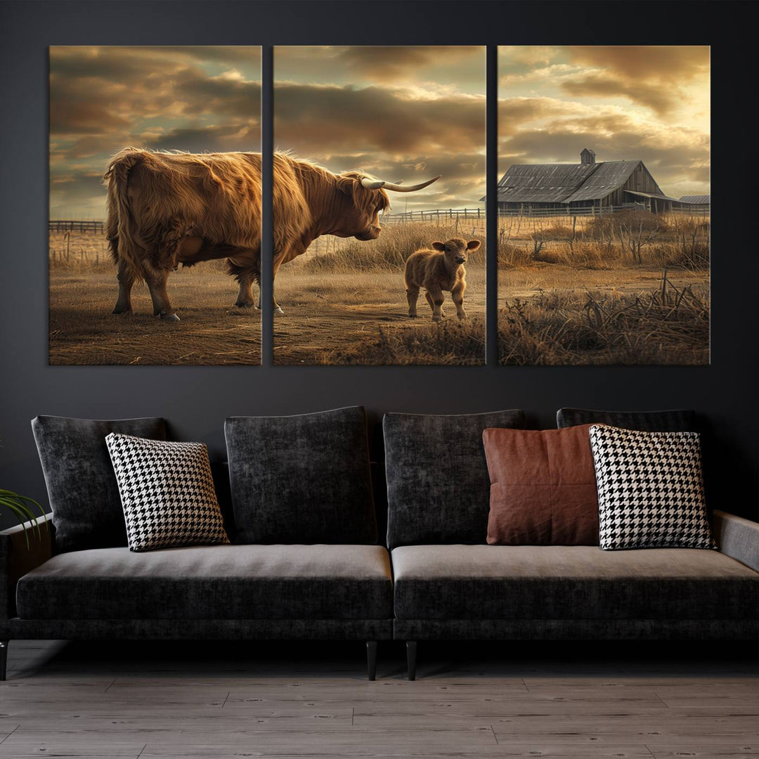 The living room features the "Highland Cow Canvas Wall Art Animal Print Pictures Fluffy Cattle Art," which captures a cow and calf in a rural sunset scene, adding gallery-quality charm.