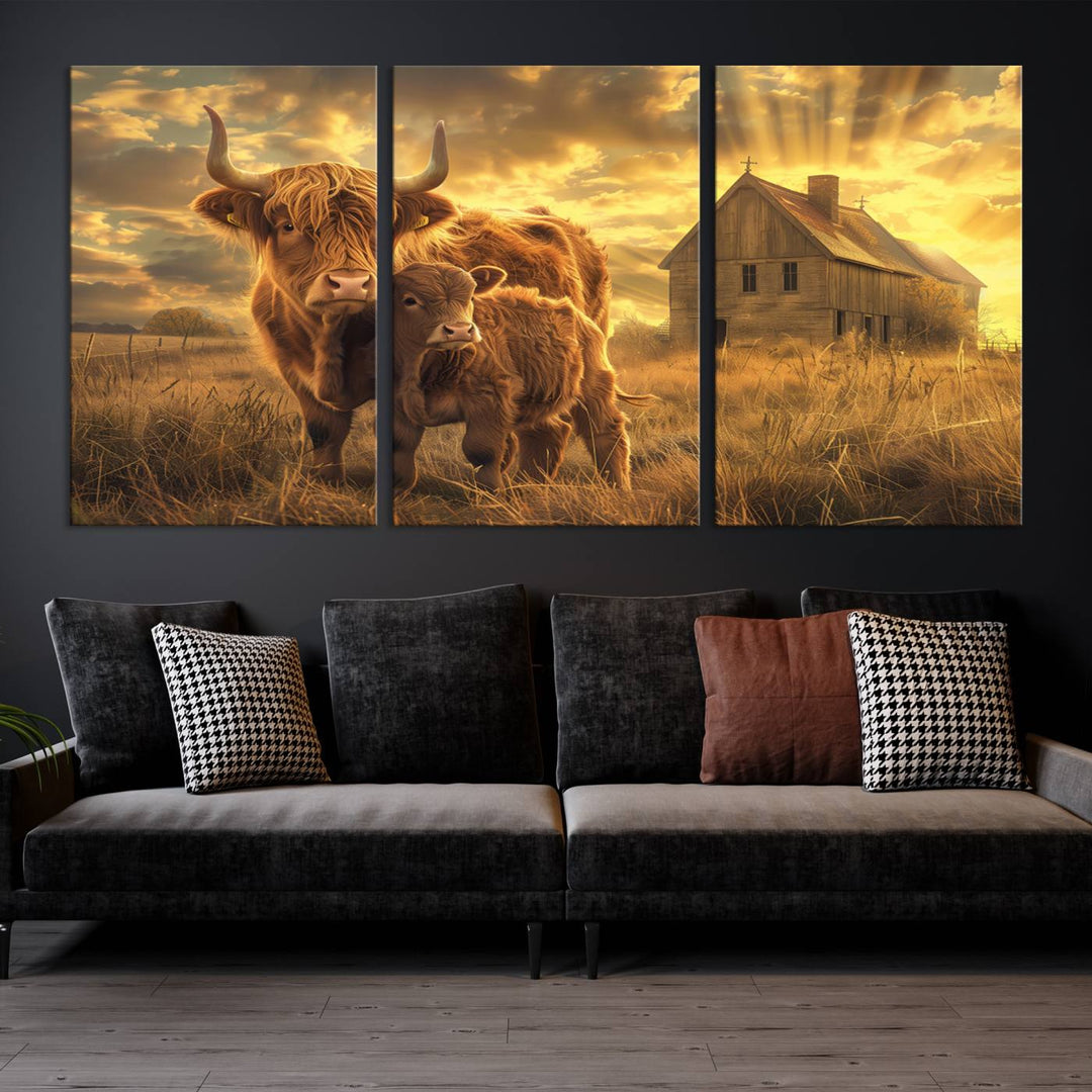 The room features the Barn and Highland Cow Canvas Wall Art Animal Print, a three-panel canvas depicting cows in a sunset field with a rustic barn backdrop. This handmade piece brings charm and character with its gallery-quality finish.