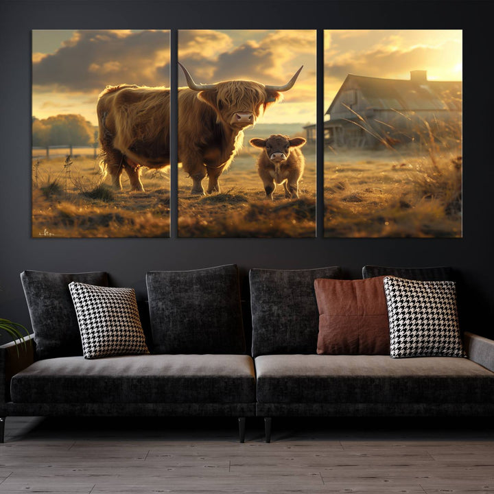 The "Highland Baby Cow Canvas Wall Art Animal Print" triptych art piece showcases a cow and calf in a sunlit field with a barn in the background.