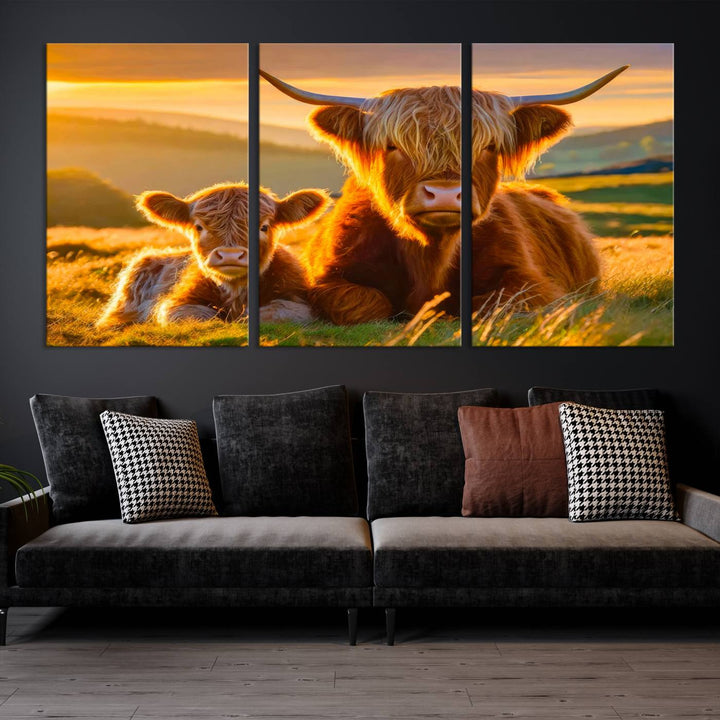 The living room showcases a gallery-quality finish with the Scottish Cow and Baby Cow Canvas Wall Art, featuring a charming animal print of fluffy cattle as the centerpiece. This stunning piece is displayed on premium canvas, creating an inviting atmosphere.