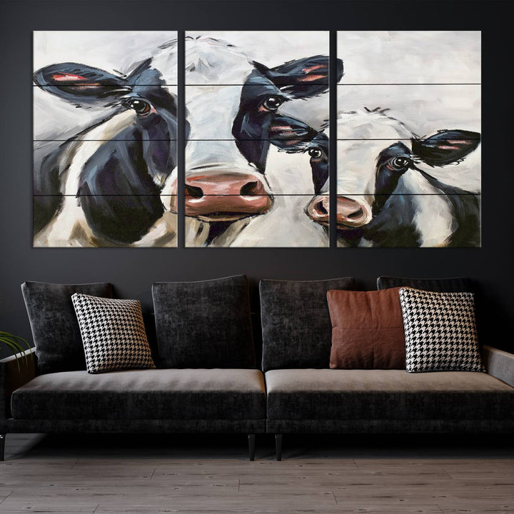 The Vintage Baby and Mom Cattle Wall Art Canvas Print is prominently displayed, adding a touch of contemporary and farmhouse decor to the modern living room.