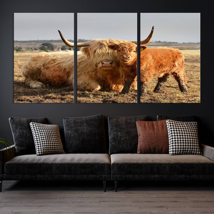 The three-panel canvas artwork, titled "Highland Cow Canvas Wall Art Animal Print for Farm House Decor," features a serene scene of a resting Highland cow and calf in a field. The piece highlights its gallery-quality finish.