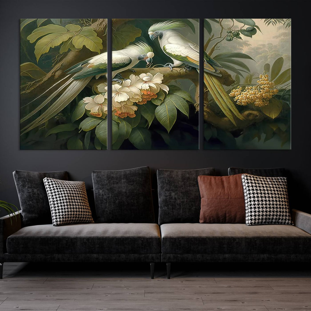 Crafted in the USA, this Tropical Paradise Print wall art features a stunning parrot amidst a lush forest and beautiful flowers.