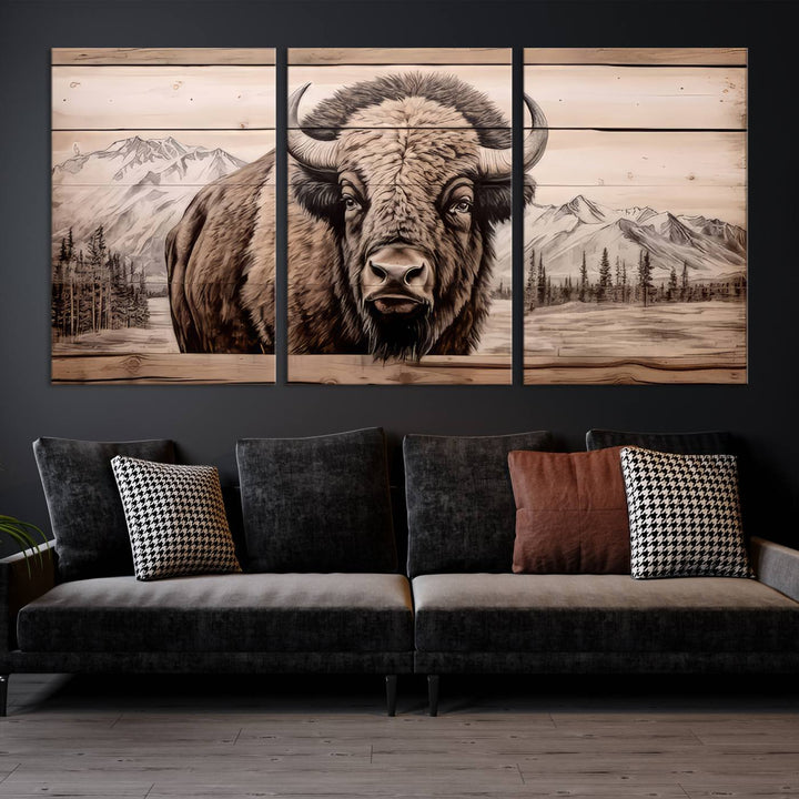 A stunning triptych artwork from the "Bison Canvas Wall Art American Buffalo Print Rustic Decor for Farmhouse Wall Art" collection graces the modern living room. Its vibrant colors are enhanced by museum-quality canvas and a UV-protective coating. The gallery-wrapped piece adds elegance to the space.