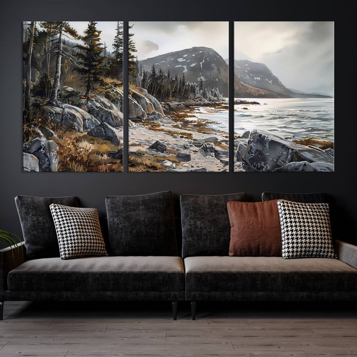 The stunning Serene Coastal View of Acadia National Park is a 3-panel wall art canvas print that beautifully captures a tranquil mountain and lake scene.