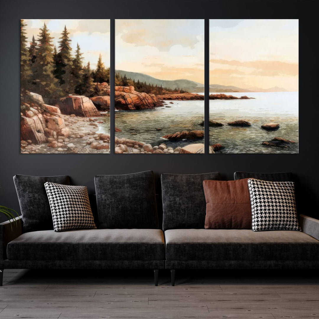 Serene Coastal View of Acadia National Park - Stunning 3-Panel Wall Art Canvas Print, Framed, Ready to Hang