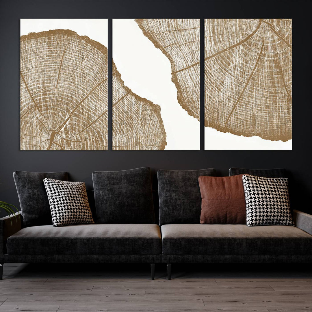 The "Rustic Brown Tree Ring Wall Art Canvas Print" in the living room adds an elegant, nature-inspired touch to the space.