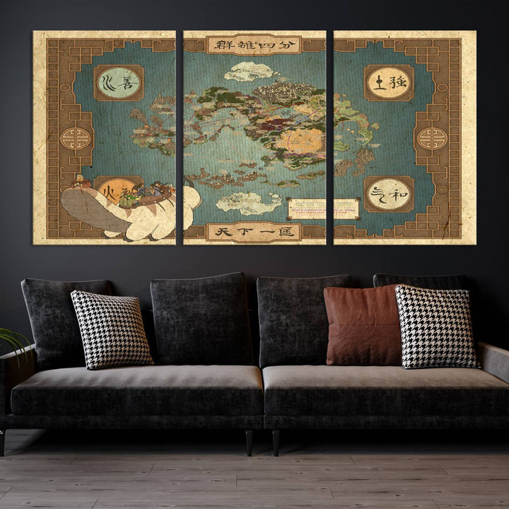 Hanging above is the Avatar: The Last Airbender Vintage Map - Wall Art Canvas Print, framed and ready to hang, showcasing an enchanting glimpse into the iconic four nations design.