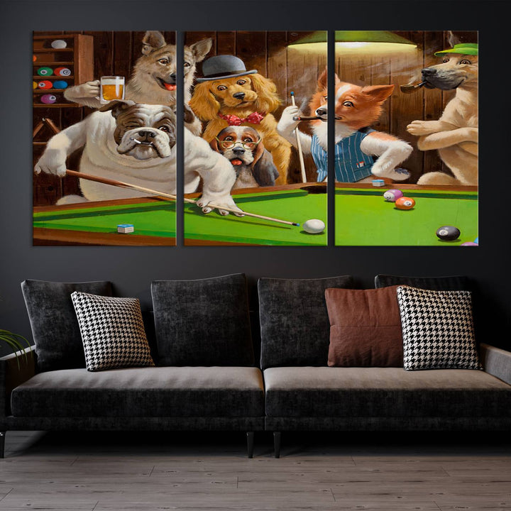 The "Dogs Playing Pool Canvas Wall Art" features a whimsical scene of dogs dressed as humans playing pool in a bar, presented as a three-panel display with a gallery-quality finish.