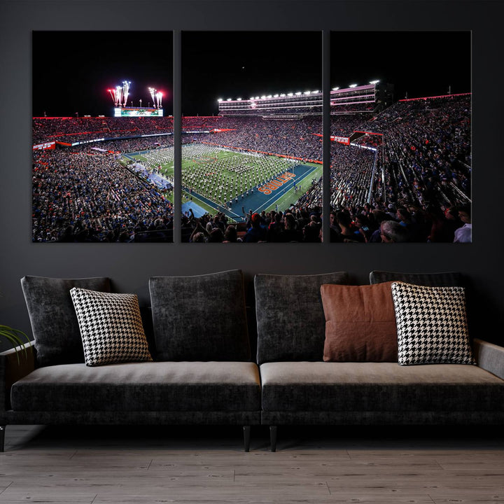 Ben Hill Griffin Stadium Night Game Triple Canvas Wall Art - Florida Gators Football Match