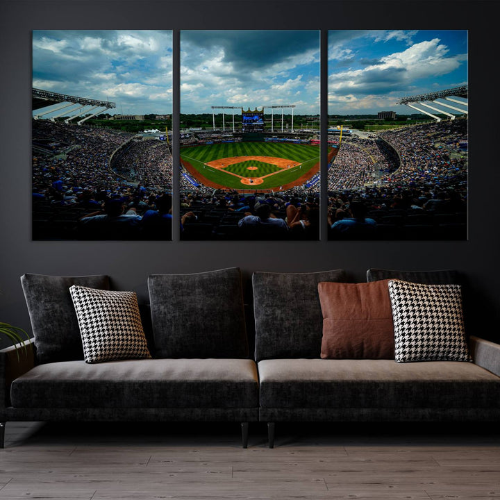 Kauffman Stadium Day Game Triple Canvas Wall Art - Kansas City Royals MLB Match