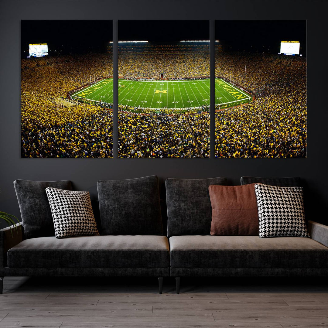 Michigan Wolverines Football Team Print - Michigan Stadium Night Game Triple Canvas Wall Art - University of Michigan Football Match