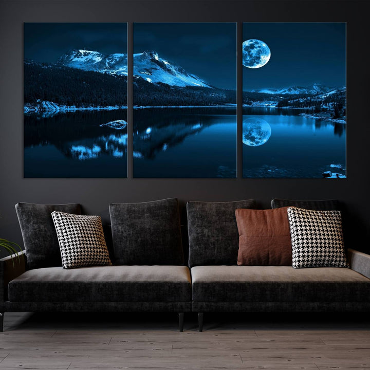 Blue Moon Mountain Lake Landscape Framed Wall Art Canvas Print