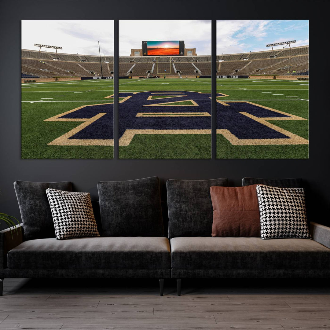 Notre Dame Stadium Giclee Canvas Print | Triptych Wall Art Featuring Iconic Notre Dame Football Field | Ready-to-Hang Sports Stadium Decor