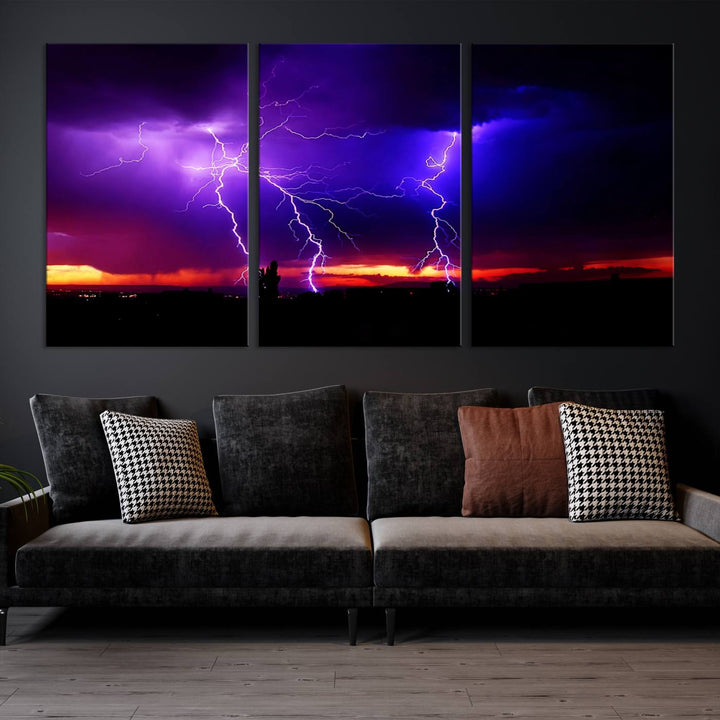 Electrifying Sunset Thunderstorm Canvas Print – Dramatic Lightning and Vibrant Sunset Wall Art