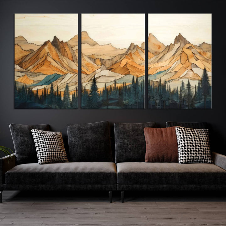 Rustic Wood Style Mountain Wall Art Print | Triptych Giclee Print Featuring Handcrafted Forest and Mountain Range Design | Framed Ready-to-Hang Print