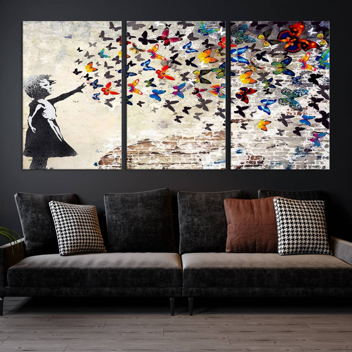 Banksy Style Girl with Butterflies Wall Art - Beautiful Framed Ready-to-Hang Triptych Canvas - Vibrant Butterfly Street Art for Modern Decor