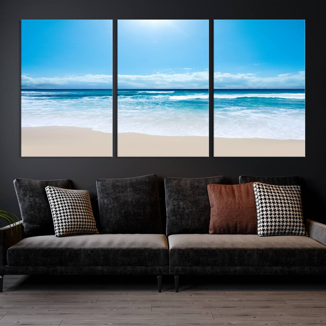 Lienzo decorativo para pared grande con estampado de mar y playa azul brillante