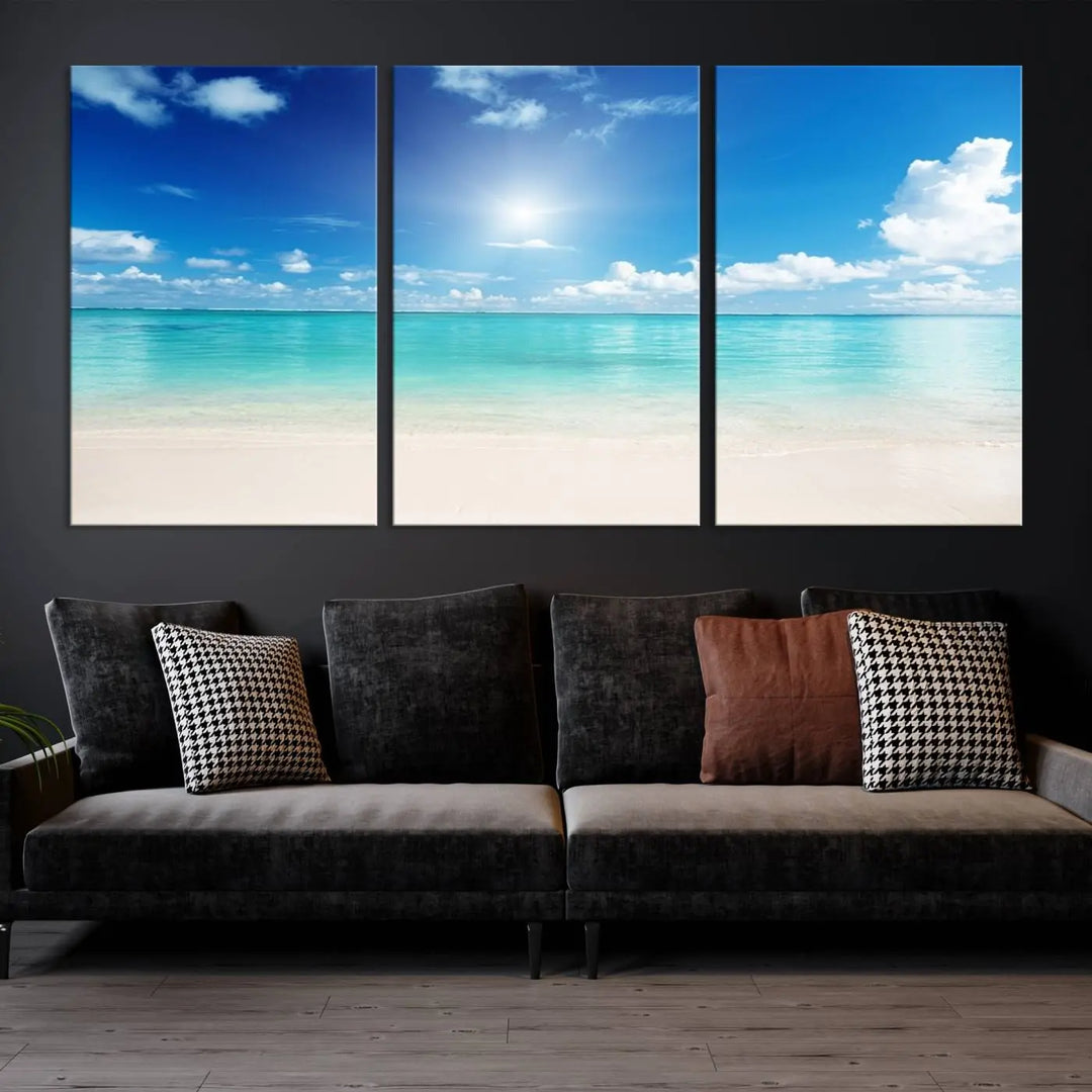 A contemporary living room showcasing the Wall Art Canvas Light Blue Beach and Ocean View.