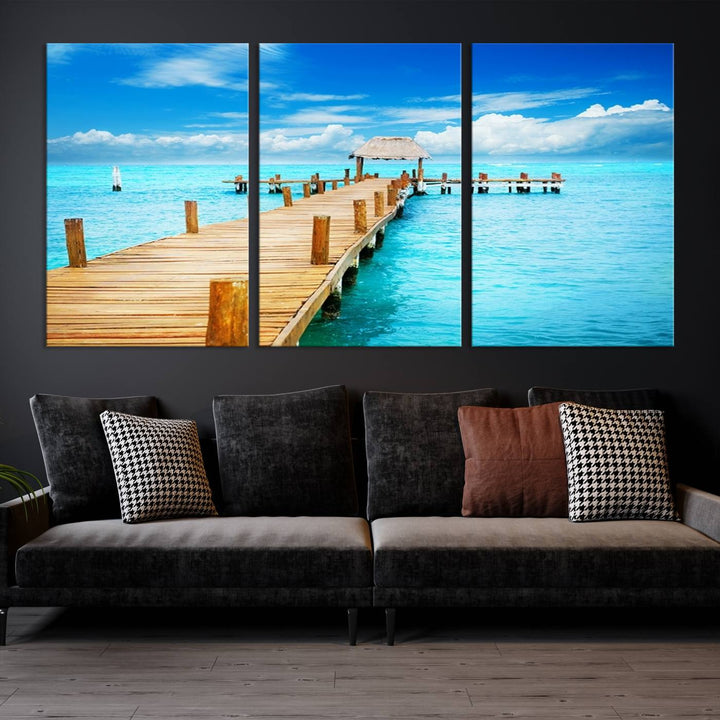 Tropical Pier Triptych Wall Art, Stunning Turquoise Ocean and Wooden Dock Canvas Print, Coastal Beach House Decor, Ocean View Canvas Art