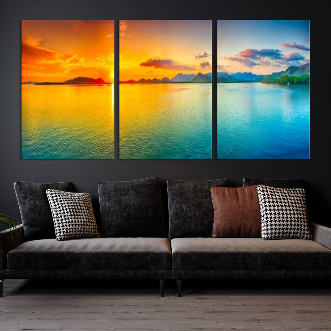 Wall Art Canvas Print Colorful Sunset Sea and Mountain Artwork