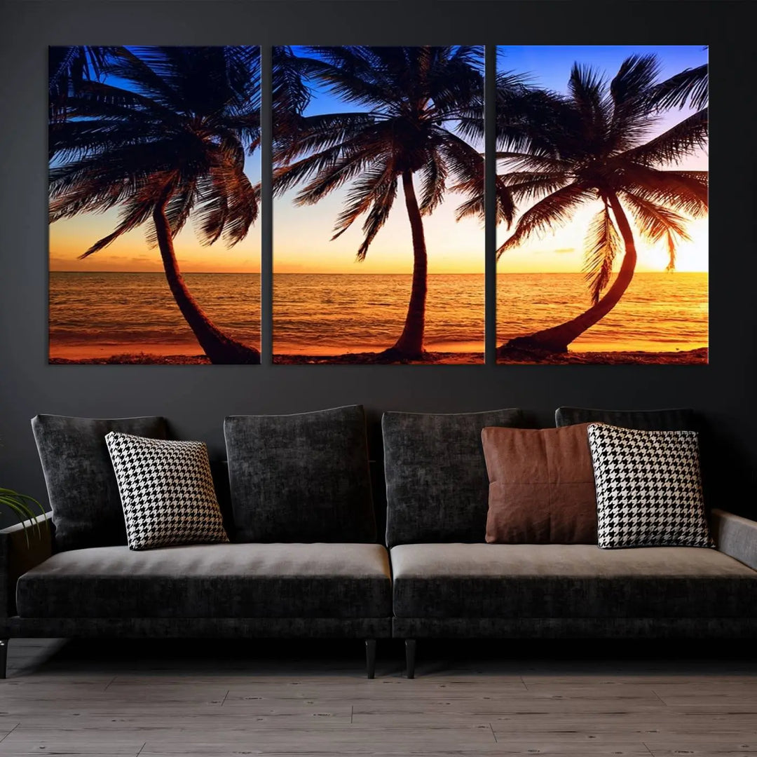 The living room features a wall adorned with the "Wall Art Canvas Curve Palms at Sunset on Beach," showcasing gallery-wrapped, museum-quality canvases in a stunning triptych.