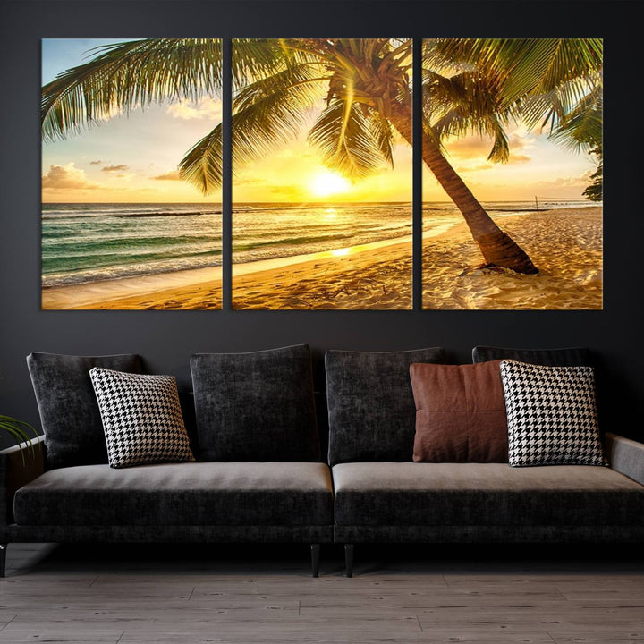 Impresión en lienzo de arte de pared grande Palmera en la playa al atardecer brillante