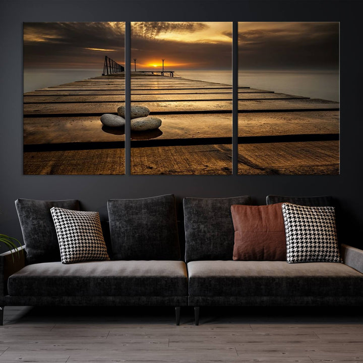 Stones on Wooden Pier at Sunset Wall Art Canvas