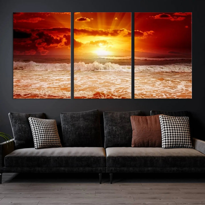 In a modern living room, the vibrant "Wall Art Canvas Perfect Sunset Turns Colour of Sea and Sky to Red," printed on museum-quality canvas, stands out. A floor lamp casts warm light over the ready-to-hang artwork, which includes a UV-protective coating to ensure lasting brilliance.