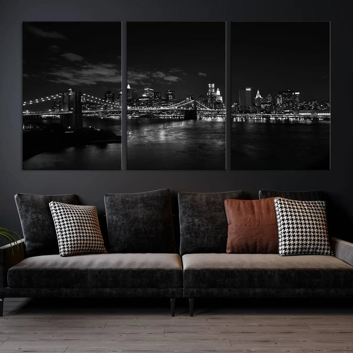 The "NEW YORK Canvas Prints Black and White Brooklyn Bridge Print" is a stunning triptych showcasing the iconic city skyline and bridge. Printed on museum-quality canvas with a UV-protective coating, it is ready to hang and instantly elevates your decor.