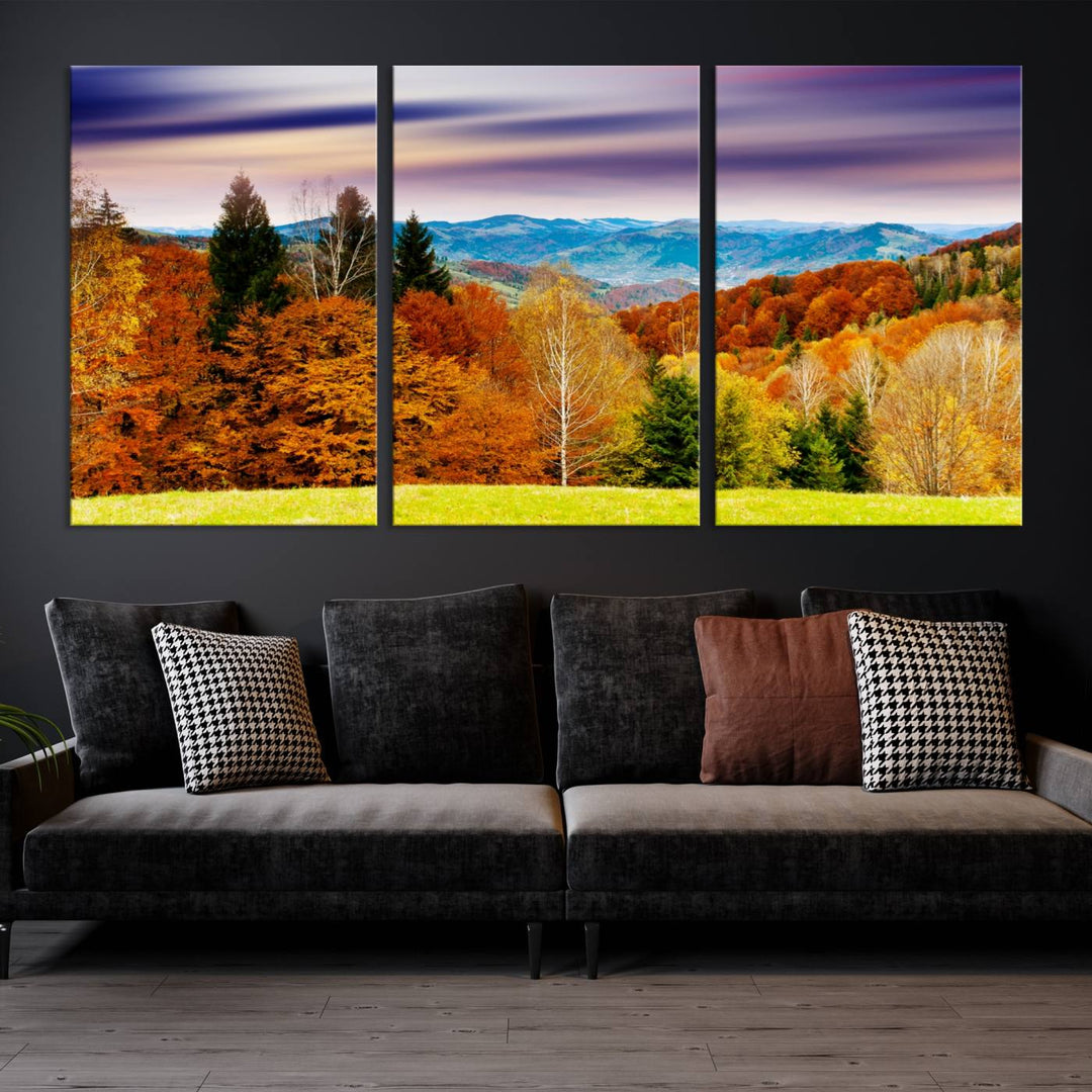 Autumn Colorful Forest Blue Mountains and Purple Sky at Sunset Wall Art Canvas Print