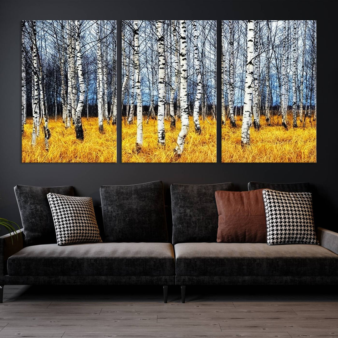 Impression d’art mural de bouleaux, art mural paysage, impression sur toile, arbres sans feuilles sur fond jaune