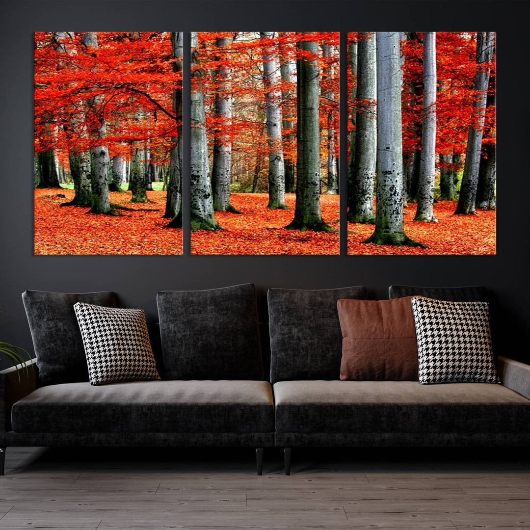 Impression sur toile de paysage d'art mural, feuilles rouges sur des arbres sur fond rouge