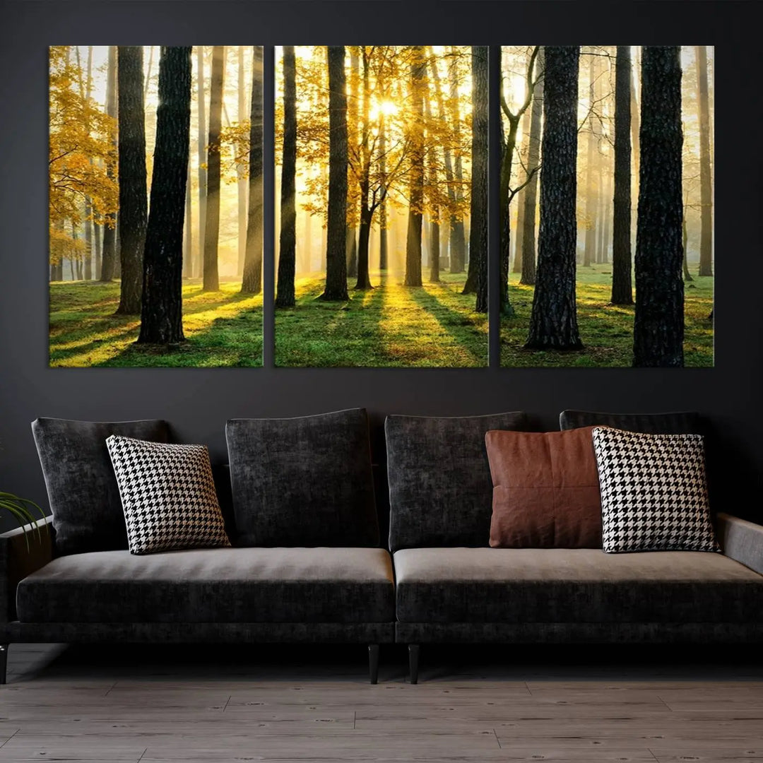 The living room is enhanced by the "Wall Art Landscape Canvas Print Tall Trees in Forest at Sunset" on museum-quality canvas. This triptych, complete with a UV-protective coating, is ready to hang and adds an artistic touch to the space.