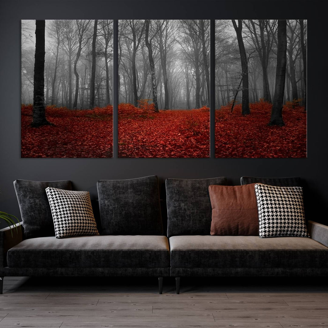 Impression sur toile de paysage d'art mural, forêt merveilleuse avec des feuilles rouges au sol