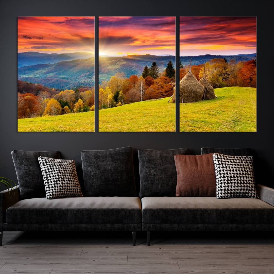 Impression sur toile de paysage d'art mural, tous les tons de vert au coucher du soleil