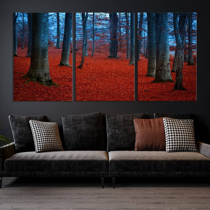 Impression sur toile de paysage d'art mural, feuilles rouges dans la forêt bleue