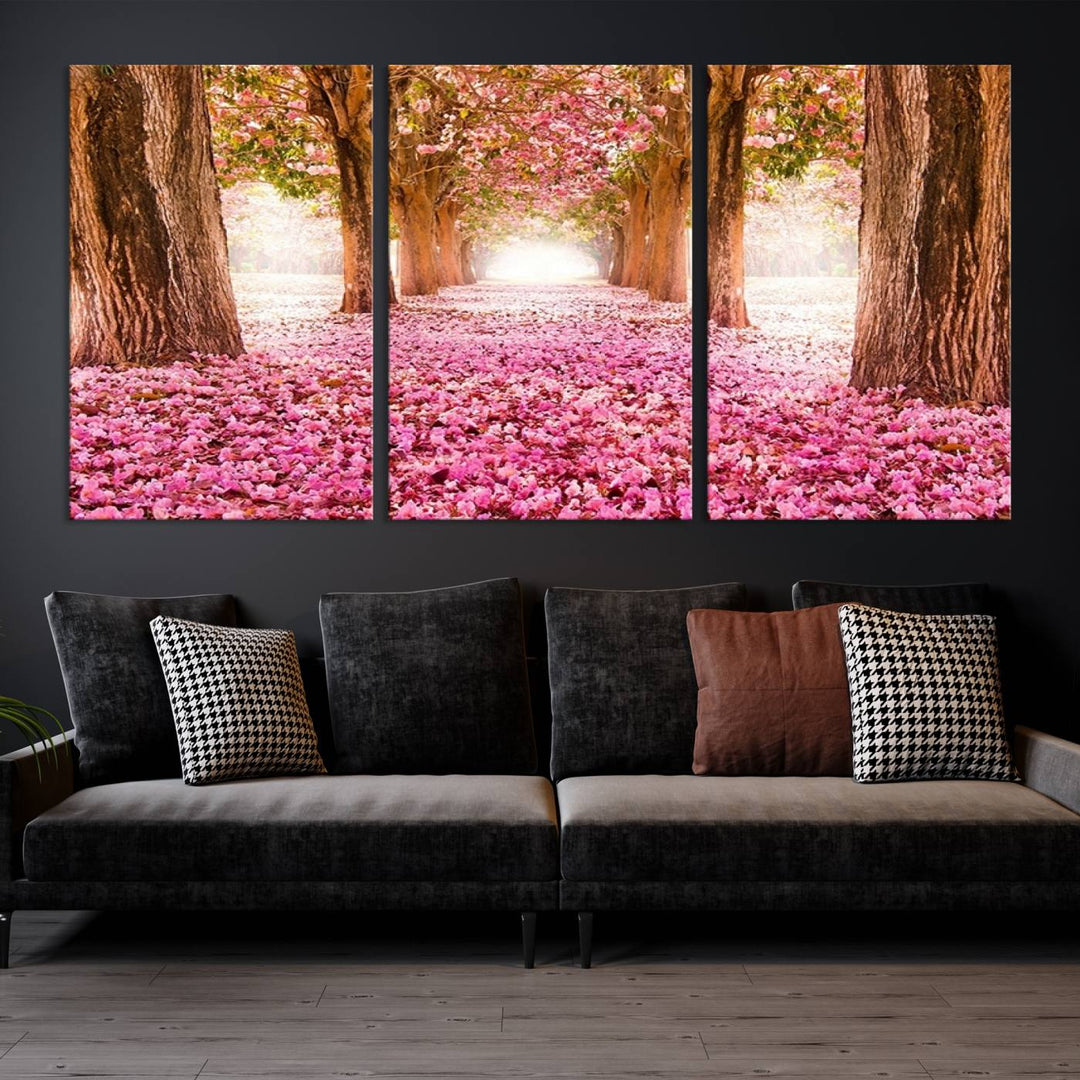 Blossom Cherry Canvas Print Walking on Pink Flowers Between Trees