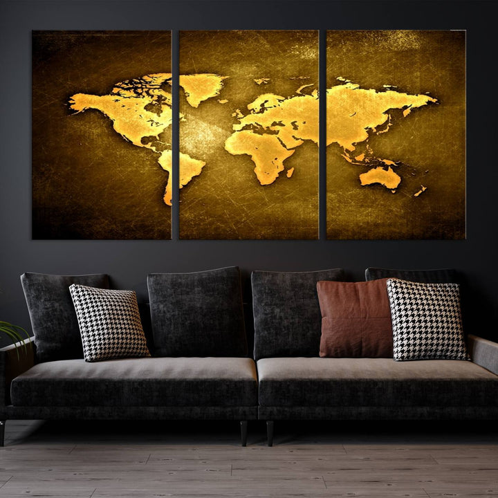 Yellow World Map on Metalic Yellow Background 