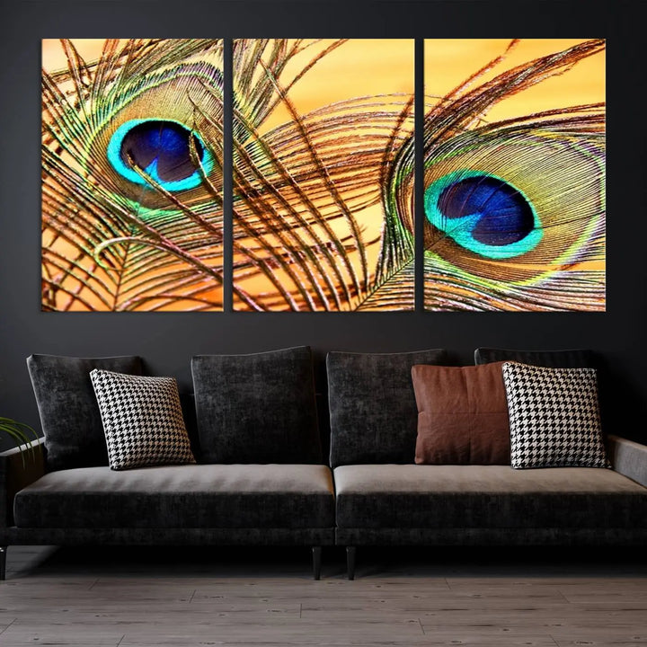 The Peacock Feather Wall Art Print, showcasing a vibrant green, blue, and orange feather design and ready to hang, adorns the space.