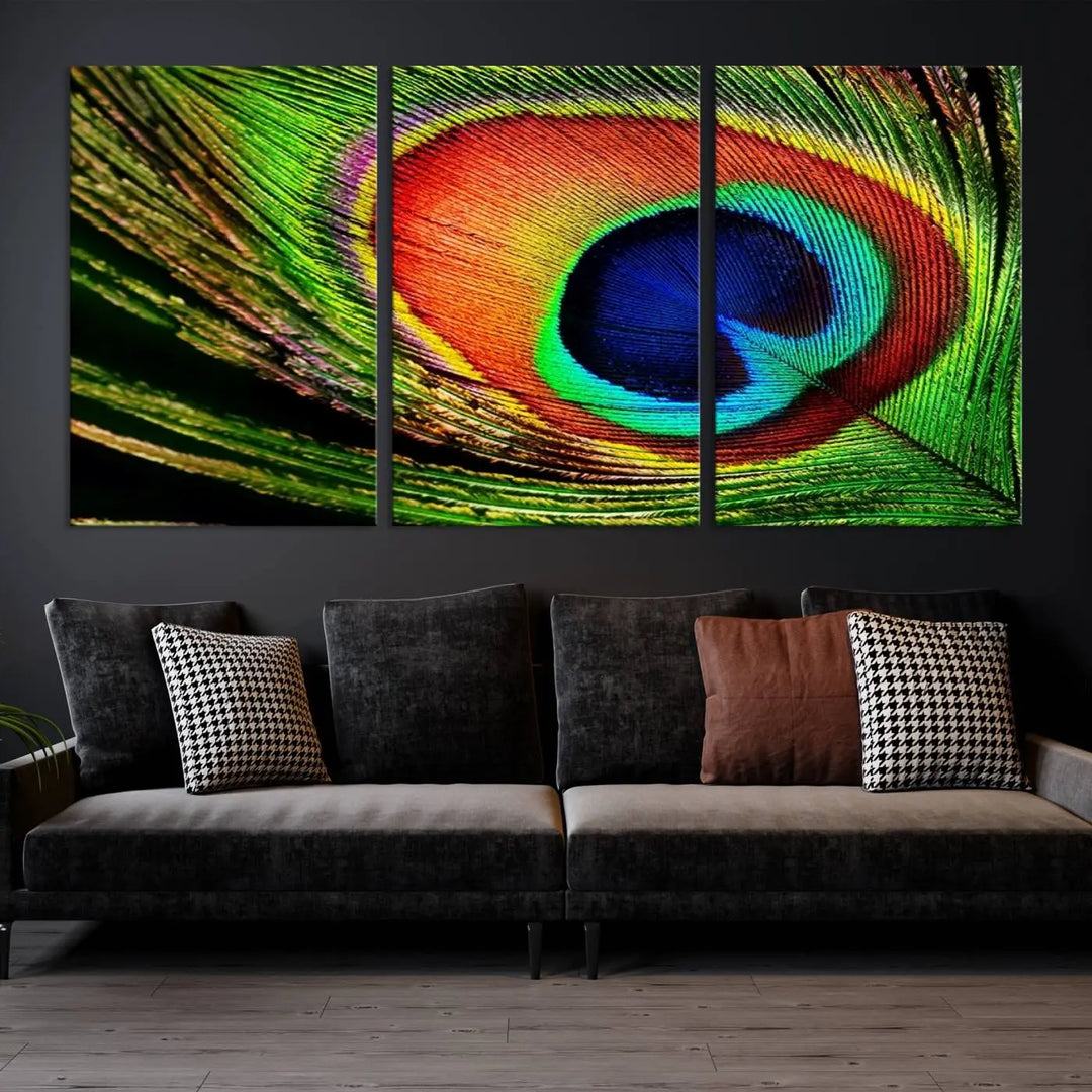 The living room features the "Colorful Peacock Feather Wall Art Print," showcasing a vibrant green, blue, and orange design elegantly displayed above a modern sofa.