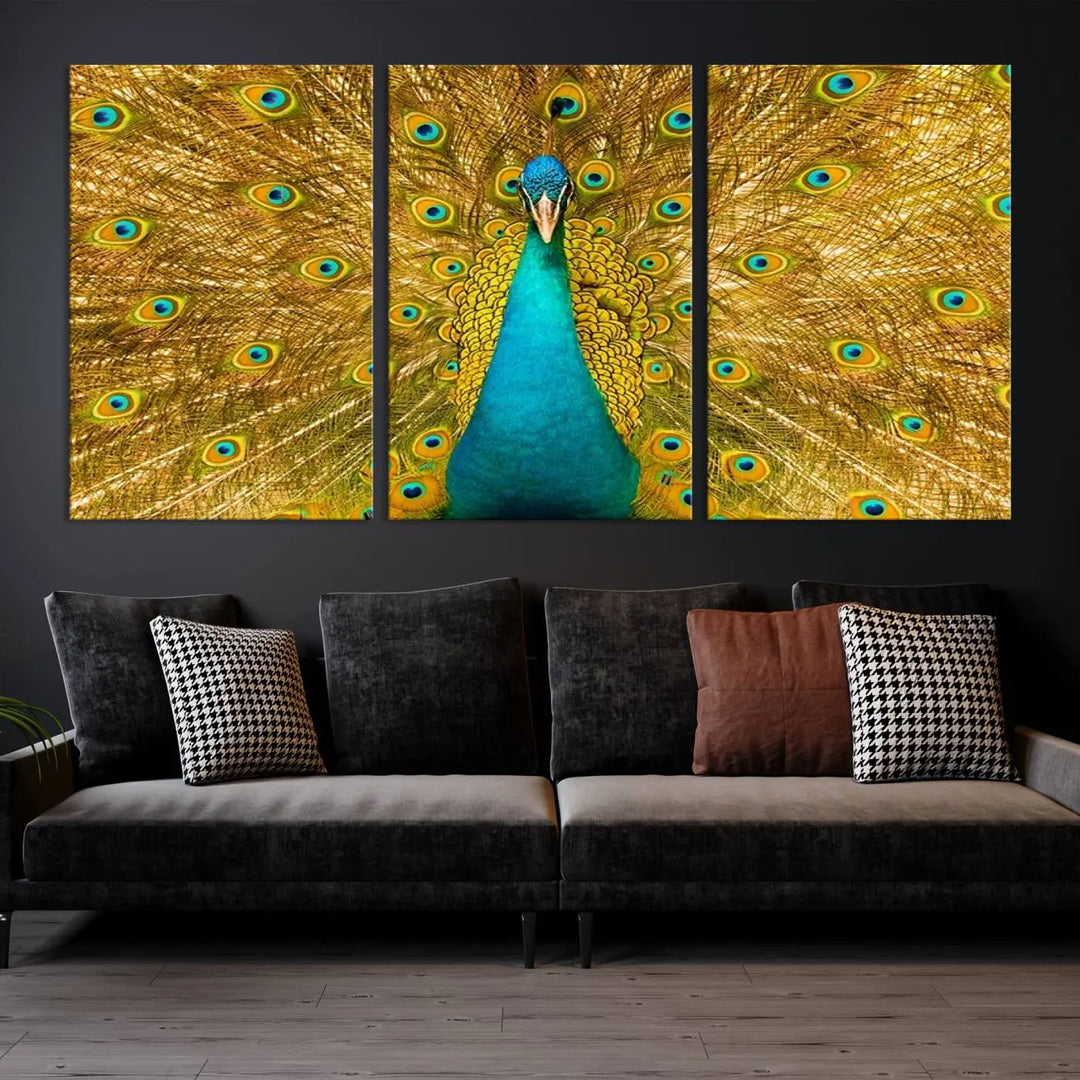 The Peacock Wall Art Canvas Print, featuring a vibrant triptych design of a peacock with intricate feather details and printed on museum-quality canvas with UV-protective coating, brings an artistic flair to the elegant space. Ready to hang, it enhances the modern living room with its striking presence.