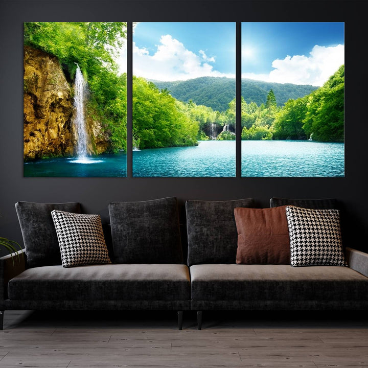 Impresión en lienzo de cascada de arte de pared grande - Grandes cascadas en el bosque con vistas a la montaña