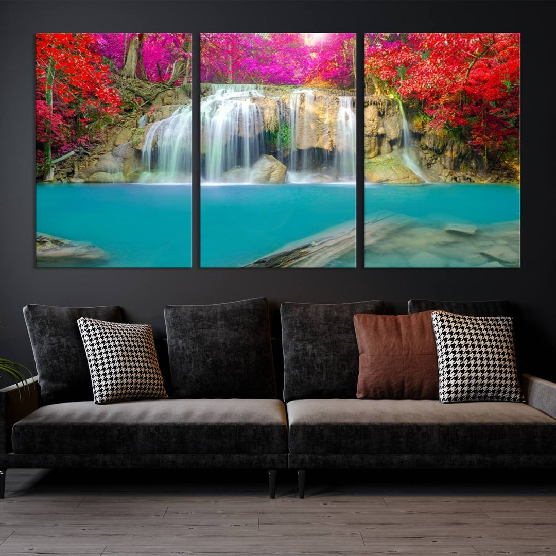 Wall Art Waterfall Landscape with Pink and Red Flowers in Forest Canvas Print